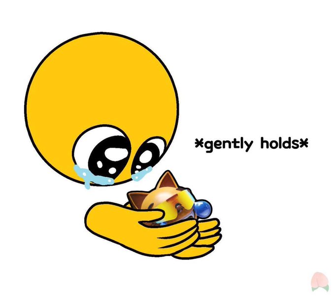 A cartoon emoji-style image of a crying yellow face gently holding a small sleeping calico kitten, with the caption '*gently holds*'.