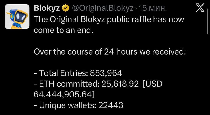 The image is a tweet from OriginalBlokyz announcing the conclusion of their public raffle, reporting 853,964 total entries, 25,618.92 ETH committed (~$64.4 million), and 22,443 unique wallets over 24 hours—aligning with the post highlighting Blokyz's massive $64M NFT presale.