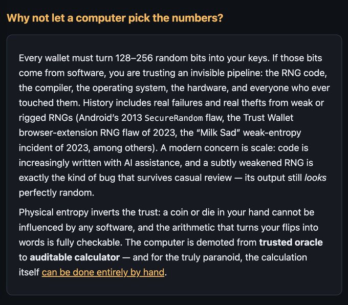 An article excerpt titled 'Why not let a computer pick the numbers?' discussing the security risks of software-based random number generation for crypto wallets compared to physical entropy.