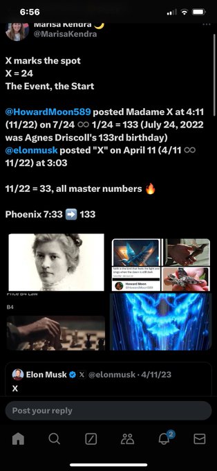 A tweet from Marisa Kendra (@MarisaKendra) about 'X marks the spot' and 'The Event, the Start,' referencing dates and Elon Musk.