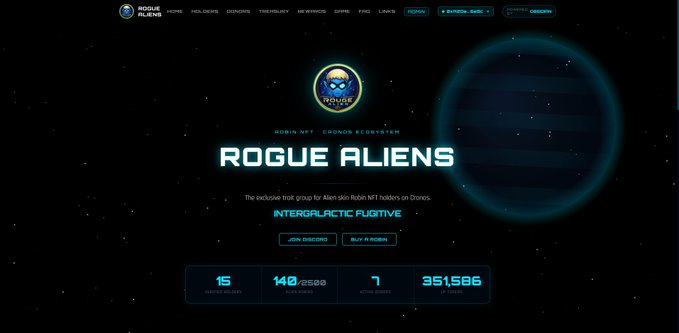 A cryptocurrency website for 'ROGUE ALIENS' on the Robin NFT Chronos Ecosystem, displaying an alien logo, the tagline 'INTERGALACTIC FUGITIVE', and stats showing 15 mints, 140/2500, 7 active mints, and 351,586 in mints.