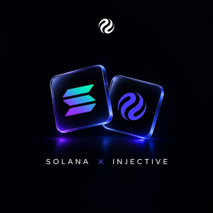Promotional graphic for a Solana x Injective collaboration featuring glowing 3D tiles with each project's logo against a dark background.