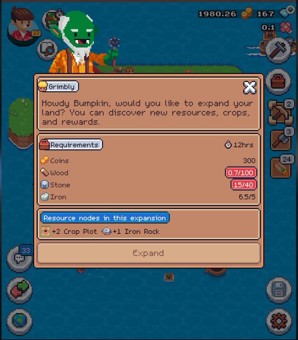 Mobile game screenshot showing an expansion dialog from "Grimbly" asking "Howdy Bumpkin, would you like to expand your land?" with requirements for coins, wood, stone, and iron.