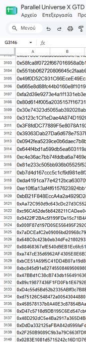 A spreadsheet titled "Parallel Universe X GTD" (file G3146) displays rows of hexadecimal wallet addresses starting with "0x," numbered from rows 3103 to 3140, which appears to be a list used for verifying supporter wallets.