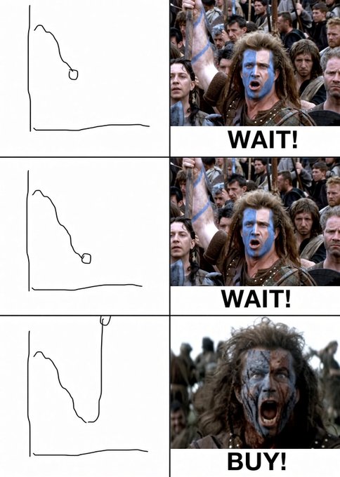 Three-panel Braveheart meme showing William Wallace yelling "WAIT!" twice as a line graph continues to drop, then shouting "BUY!" at the bottom when the chart plunges sharply.