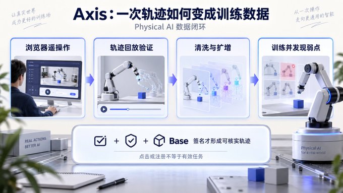 An infographic titled "Axis: 一次轨迹如何变成训练数据" (Physical AI 数据闭环) illustrating a four-step data workflow: 浏览器遥操作, 轨迹回放验证, 清洗与扩增, and 训练并发现弱点, showing a person at a computer and robotic arms manipulating objects.