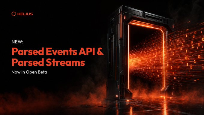 A promotional graphic for Helius announcing "NEW: Parsed Events API & Parsed Streams — Now in Open Beta," featuring a glowing orange portal/doorway with digital code streams against a dark background.