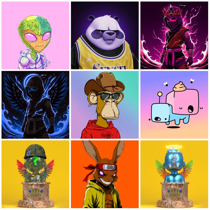 A 3x3 grid of nine NFTs from the "QUAKEY" collection features various character designs, including a slime-headed alien, a panda in a Lakers jersey, a ninja, a winged warrior, a Bored Ape-style monkey, a pink creature, a military-helmeted figure, a Naruto-inspired bunny, and a blue crowned character, with trophies displaying "?? QUAKEY." The image promotes a 48-hour creative contest inviting participants to write alternate stories for the CyberThrone universe, with top three submissions winning SOL and NFT bundles valued at $160, $110, and $60.