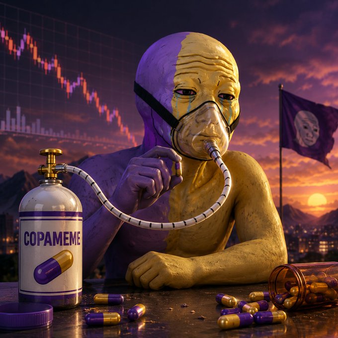 A purple and gold masked figure with a breathing tube attached to a tank labeled "COPAMEME" sits at a table scattered with purple and gold capsules, with a declining stock chart and a flag bearing a similar mask in the background.