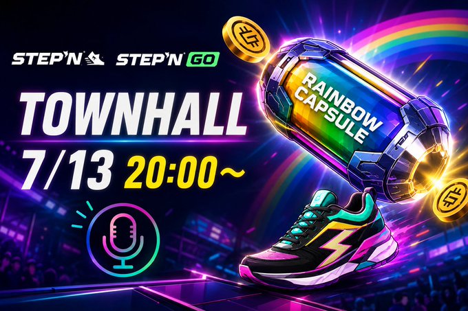 A vibrant promotional graphic for a STEP'N Townhall event on 7/13 at 20:00, featuring a glowing Rainbow Capsule and a neon-accented sneaker against a colorful stage background.