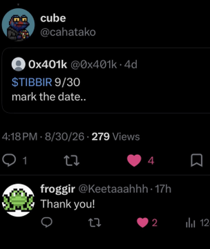 A Twitter/X screenshot from user 'cube' (@cahatako) quoting '0x401k' (@0x401k) with the text 'STIBBIR 9/30 mark the date..', timestamped 4:18 PM · 8/30/26.