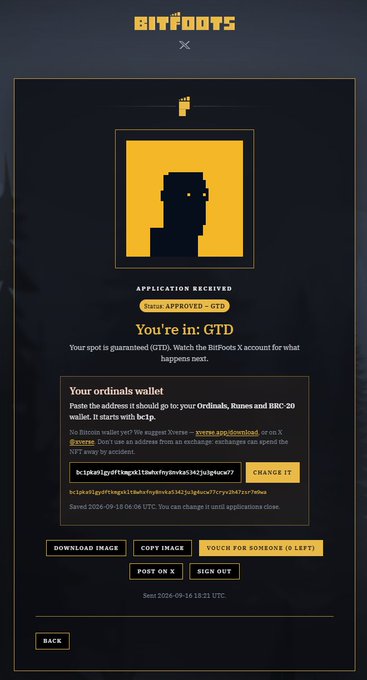 The image shows a confirmation screen from the Bitfoots X account indicating an approved status, displaying "You're in: GTD" with the wallet address bc1qkej2gaf9fkwqksllwmfvpdmska34j3a2gqwuf7 for receiving Ordinals, Runes, and BRC-20 wallet, along with timestamp 2026-09-16 18:26 UTC and an application status of "APPROVED – GTD." This relates to the user's post by confirming their GTD (guaranteed) status for Bitfoots while expressing excitement about other upcoming mints like Zeccatnft and zkghosts_, with zaddrnet being the only pending one.