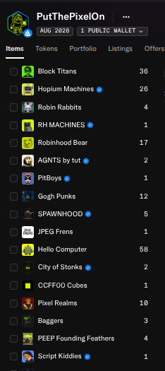 Screenshot of a crypto/NFT collection page titled 'PutThePixelOn' showing various items with quantities including Block Titans (38), Hopium Machines (26), Robin Rabbits (4), RH MACHINES (1), and others.