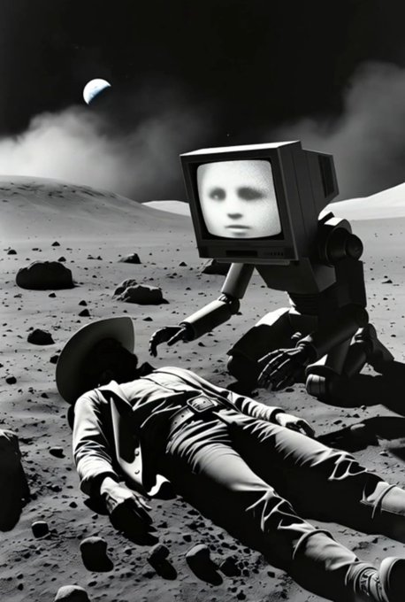 A black and white surrealist illustration depicts a cowboy lying on a barren lunar-like surface while a robot with a television for a head featuring a human face kneels beside him, with a crescent moon in the sky.