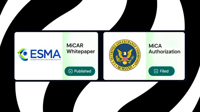 The image displays two status cards confirming "MiCAR Whitepaper" is "Published" with ESMA (European Securities and Markets Authority) and "MiCA Authorization" is "Filed" with the U.S. Securities and Exchange Commission, visually supporting the announcement of Injective's regulatory milestone.