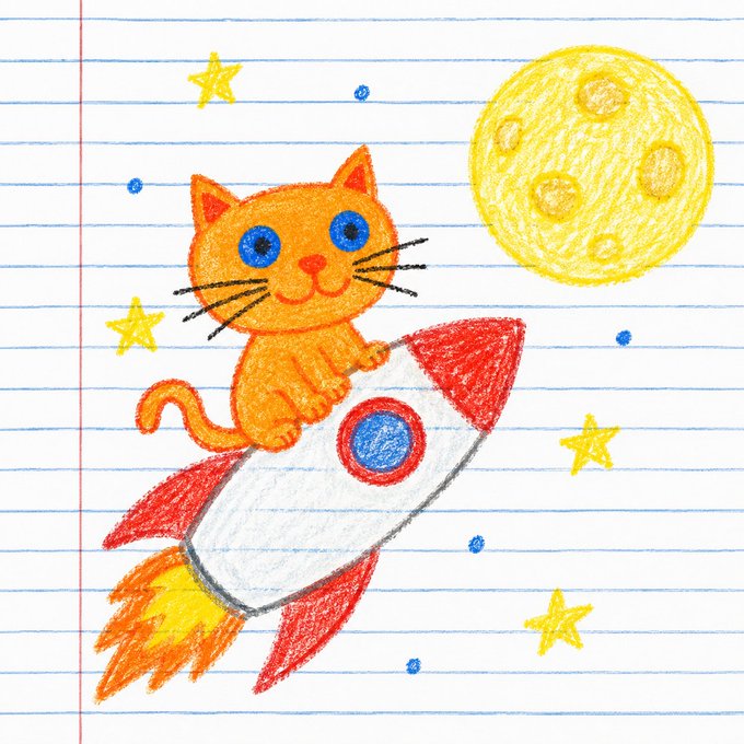 A child's crayon drawing on lined notebook paper depicts an orange cat riding a white and red rocket through space, surrounded by yellow stars and a large yellow moon.