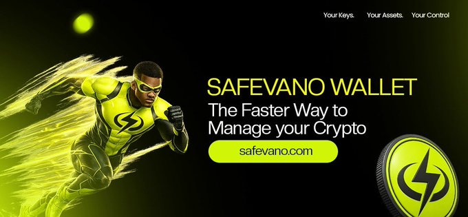 The image is an advertisement banner for "SafeVano Wallet," featuring a superhero figure in yellow and black attire with a lightning bolt emblem, alongside the tagline "The Faster Way to Manage your Crypto" and the website "safevano.com."

The SafeVano Wallet ad's superhero imagery of speed and control contrasts with the post's message about chaotic market behavior (pump, dump, panic, FUD), suggesting the wallet offers a stable, self-custodied alternative ("Your Keys. Your Assets. Your Control") amid the volatility the post laments.