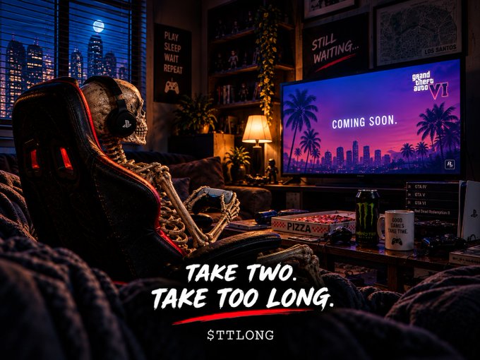 An AI-generated image shows a skeleton wearing PlayStation headphones sitting in a gaming chair, watching a TV displaying 'Grand Theft Auto VI - COMING SOON,' with a pizza, Monster Energy drink, and a 'GOOD GAME TIME' mug on the table. Text overlay reads 'TAKE TWO. TAKE TOO LONG.' with the watermark 'STTLONG'.