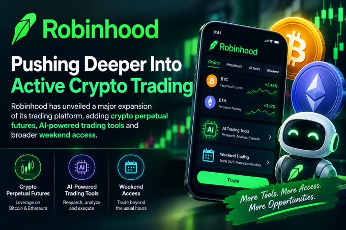 A promotional banner for Robinhood titled "Pushing Deeper Into Active Crypto Trading" announcing crypto perpetual futures, AI-powered trading tools, and broader weekend access, featuring a smartphone displaying BTC and ETH perpetual futures data alongside a robot mascot.
