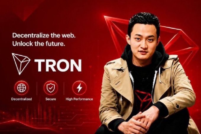 A promotional graphic for TRON cryptocurrency featuring founder Justin Sun, with text 'Decentralize the web. Unlock the future.' and icons for 'Decentralized', 'Secure', and 'High Performance'.