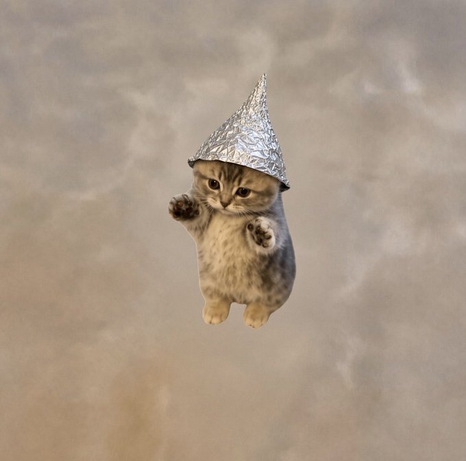 A small kitten with grey and brown stripes floats in the air against a cloudy sky, wearing a tin foil cone hat like a space helmet.