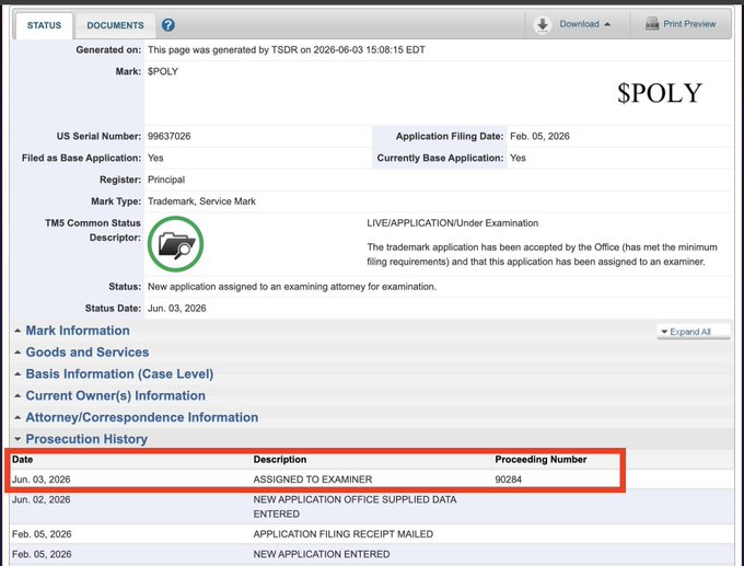 The image is a screenshot of a document related to the trademark application for POLY. It shows details about the application, including the dates when it was filed and assigned to an examiner, as well as some background information that seems unrelated to the main topic. The text within the document focuses on the launch of the POLY token, with people asking about its launch date despite the timeline becoming more complex. In this case, "POLY" was initially a US patent for a new application process by TSK, but now it is registered as a trademark and being used in an application for a new product or service.