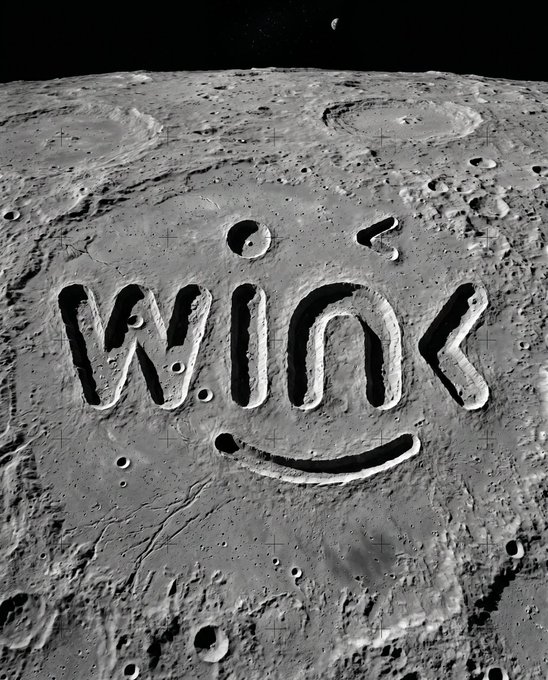 A grayscale image of the moon's cratered surface features the word "WINK" carved in bold lettering, with a small smiley face formed by two crater "eyes" and a curved line "mouth" beneath the text, playfully tying into the post's mention of "WinkLink" and oracle technology.