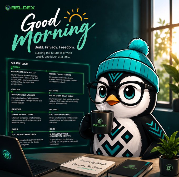 A 'Good Morning' greeting graphic for 'BELDEX' features a penguin in a teal beanie and glasses holding a branded mug, alongside a roadmap detailing milestones from Q4 2026 to 2029, emphasizing 'Build. Privacy. Freedom.'