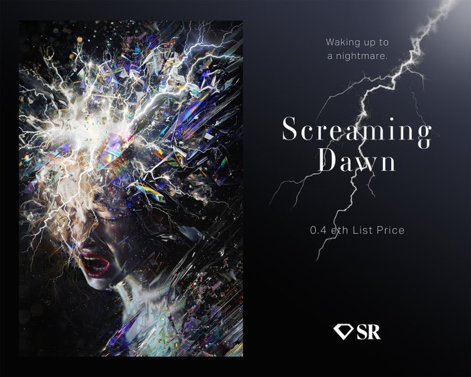 An NFT listing titled "Screaming Dawn" priced at 0.4 eth, featuring surreal artwork of a fragmented woman's face with lightning bolts on a dark background.