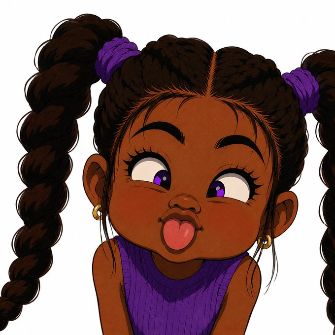 A cartoon-style illustration of a young girl with dark skin, purple eyes, and long braided pigtails tied with purple scrunchies, wearing a purple top.