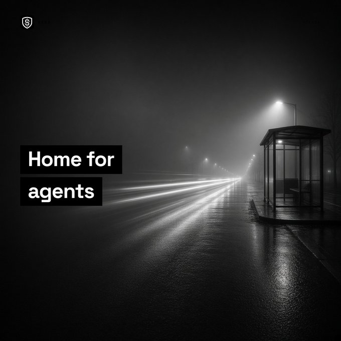 A moody black-and-white photograph of a foggy bus stop at night with light trails from passing vehicles, overlaid with the text 'Home for agents' and a shield logo.