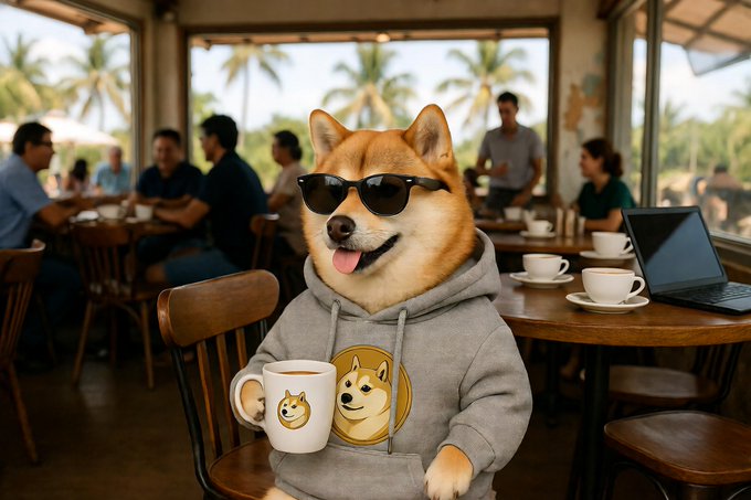 An anthropomorphic Shiba Inu dog wearing sunglasses and a grey hoodie sits at a café table holding a branded mug, with people and palm trees visible in the background.