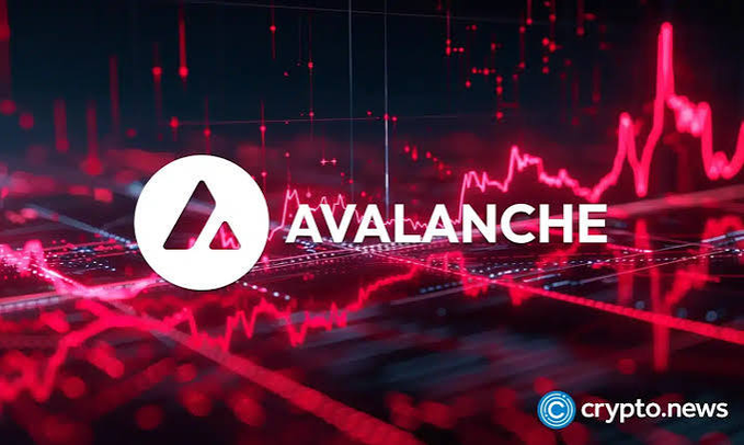 A graphic with a red stock chart background displaying the 'AVALANCHE' cryptocurrency logo (a white 'A' in a circle) alongside the text 'crypto.news'.