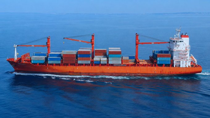 A red cargo ship loaded with colorful shipping containers sails through calm blue ocean waters.