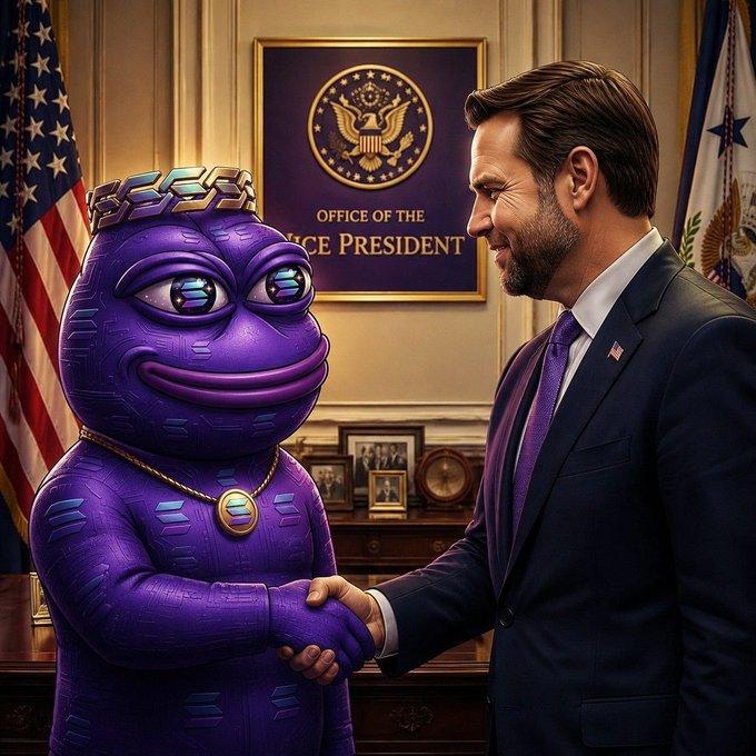 A digital illustration showing a purple cartoon creature character wearing a chain and shaking hands with a man in a suit in the 'OFFICE OF THE VICE PRESIDENT,' with US flags in the background.