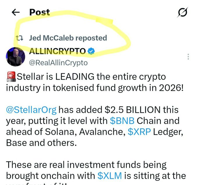 The image shows a screenshot of an X (Twitter) post by verified account @RealAllinCrypto that was reposted by Jed McCaleb, claiming Stellar is leading the crypto industry in tokenized fund growth in 2026 with $2.5 billion added, putting it level with BNB Chain and ahead of Solana, Avalanche, XRP Ledger, and Base. The yellow circle highlights McCaleb's repost indicator at the top, emphasizing his rare endorsement, which aligns with the caption's note that his infrequent posts make this notable for $XLM and Stellar fans.