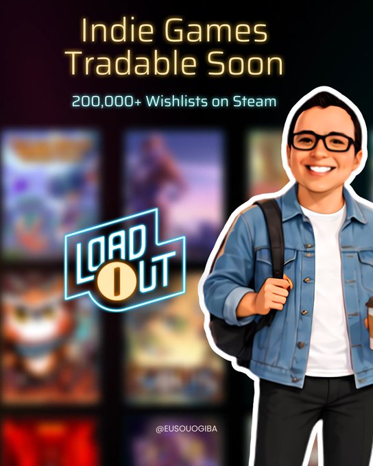 A promotional graphic with the text 'Indie Games Tradable Soon' and '200,000+ Wishlists on Steam,' showing a young man with glasses smiling next to the 'Loadout' game logo.