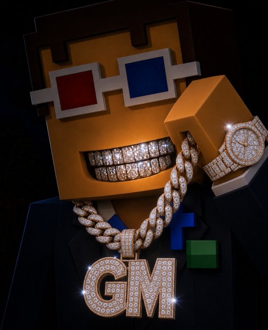 A 3D rendered character with a Minecraft-style blocky head wearing 3D glasses, a diamond-encrusted grill, and large 'GM' chains and a diamond watch, set against a dark background.