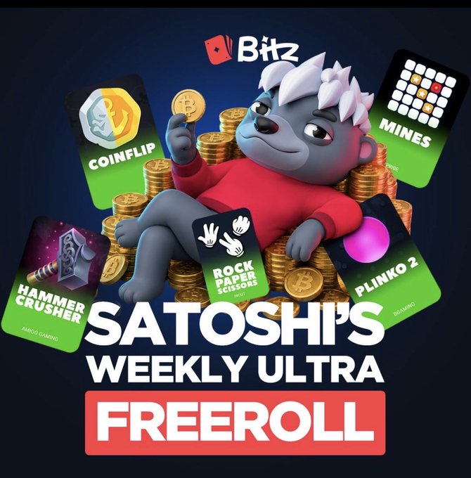 Promotional graphic for Bltz Casino's "Satoshi's Weekly Ultra Freeroll" tournament, featuring a cartoon mole mascot holding a Bitcoin atop piles of gold coins, surrounded by thumbnails of the five featured games: Coinflip, Mines, Hammer Crusher, Rock Paper Scissors, and Plinko 2, with a 1,500,000 SATS prize pool over 7 days.