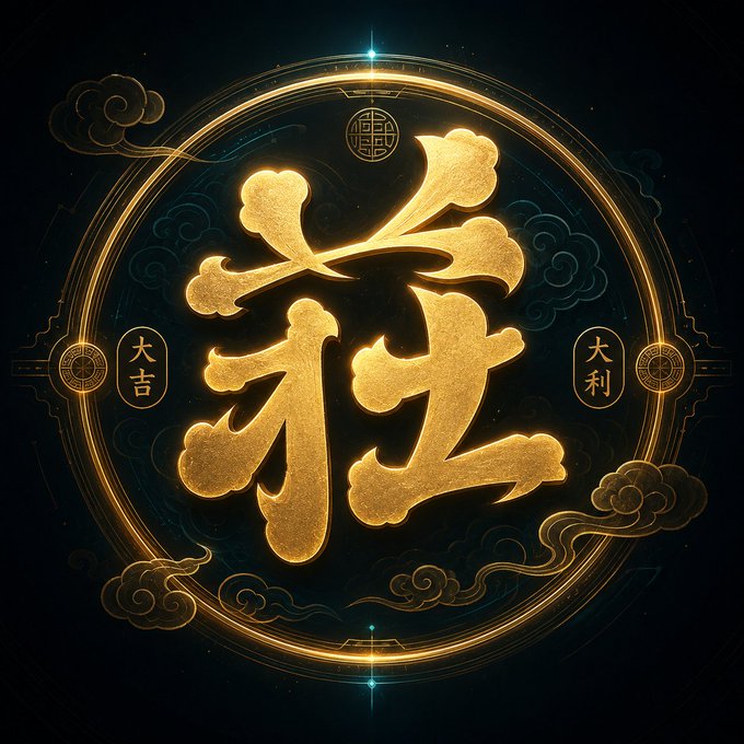 A decorative golden Chinese character '程' (Cheng) displayed within an ornate circular emblem on a dark background, flanked by smaller characters '大吉' and '大利'.