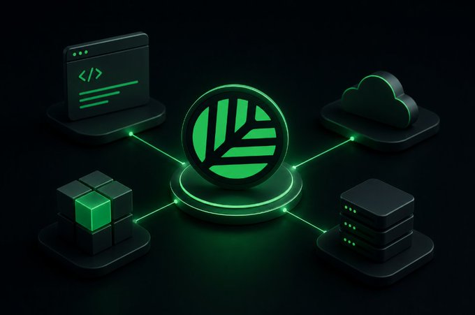 A glowing green leaf-shaped logo representing @CNPYNetwork sits at the center of a dark, isometric tech illustration, connected by illuminated lines to surrounding icons of code, cloud services, modular containers, and server stacks—visually reinforcing the post's emphasis on CNPY's full-stack infrastructure for developers building sovereign chains.