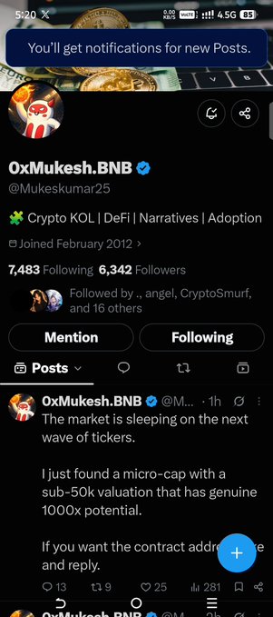 A mobile screenshot of the X (Twitter) profile for @Mukeskumar25, a Crypto KOL | DeFi | Narratives | Adoption account, showing a post about a micro-cap token with 'genuine 1000x potential.'