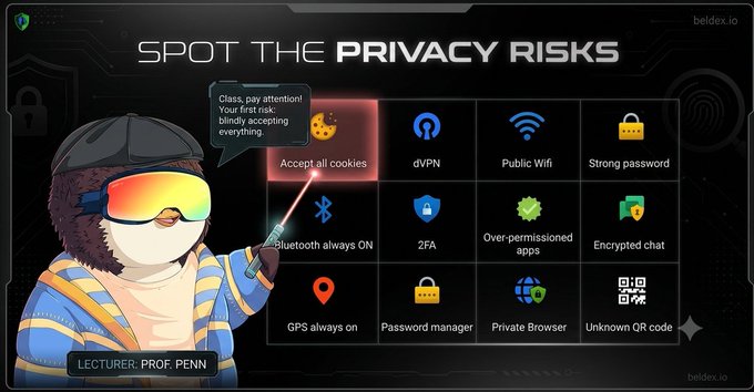 An interactive privacy risks graphic by 'Lecturer Prof. Penn' (beldex.io) showing various icons including 'Accept all cookies', 'Bluetooth always ON', and 'GPS always on' as highlighted risks.