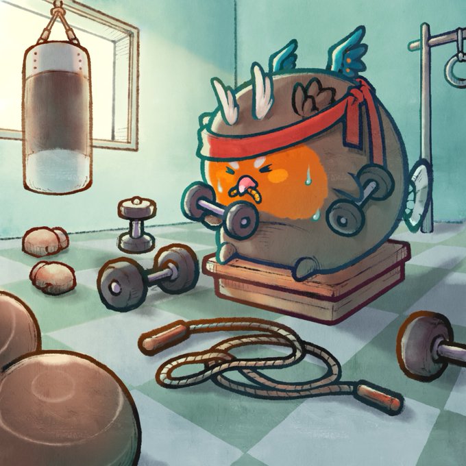 In a gym setting, an adorable animated creature with horns and wings, identified as an Axie, sweats