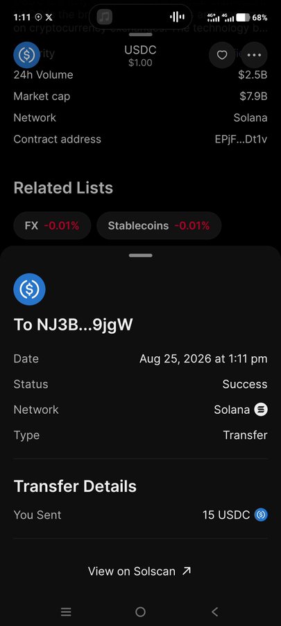 A Coinbase mobile app screenshot showing USDC token details including 24h volume of $2.5B and market cap of $7.9B on the Solana network, along with a successful transfer receipt of 15 USDC sent to address NJ3B...9jgW on Aug 25, 2026.