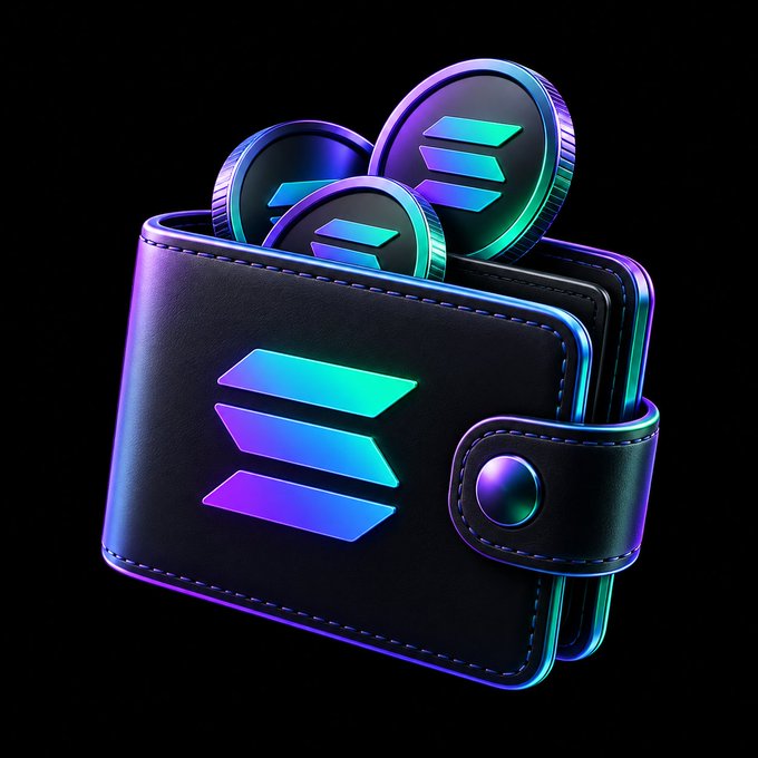 A neon-lit black wallet holds Solana crypto coins, reinforcing the post’s question about the “Top 3 Solana projects everyone should hold.” No readable text or numbers appear on the image.