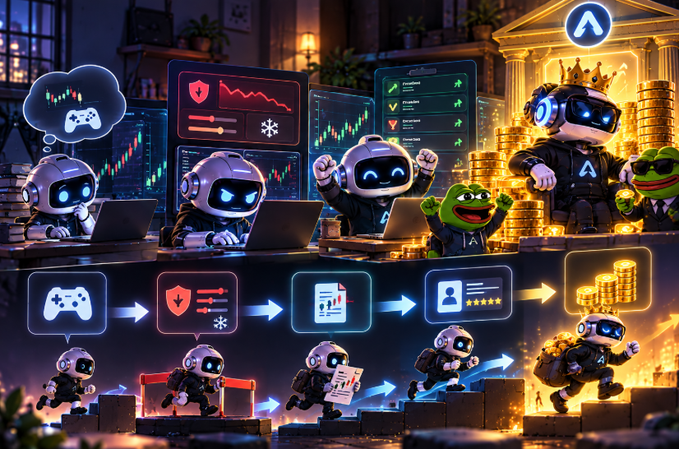 A collage of 3D cartoon-style AI/robot characters in a gaming and trading setting, showing progression from gaming to security, analytics, ID verification, and rewards with stacks of coins.