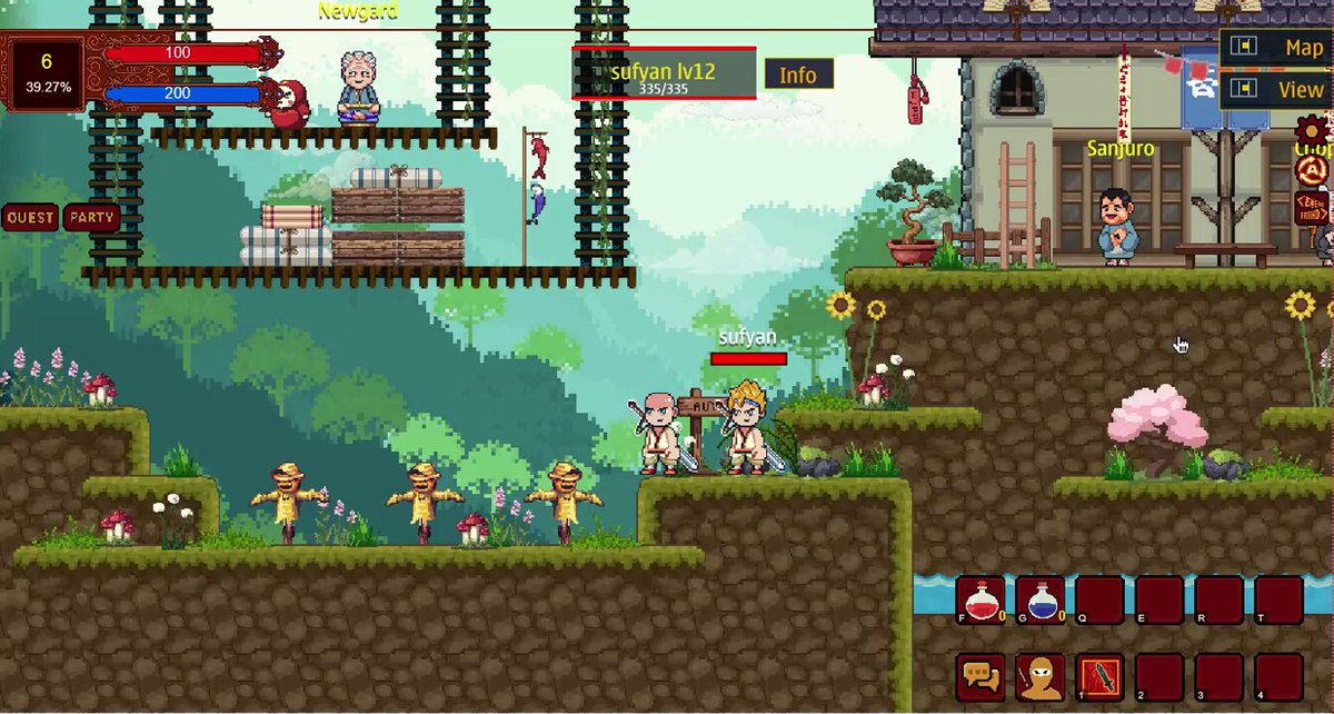 The image shows an advertisement for a game called " Ninjaverse" by NuyJCF3Hj, which appears to be a beta testing platform. The screenshot from the beta version of the game reveals the multiplayer interface with multiple people playing together in various positions throughout the screen. In total, there are 13 players visible on the screen at different spots across the image, all engaged in gameplay or waiting for their turn. 

The surrounding environment features a lush forest, grassy hillside, and rock formations, creating an immersive gaming experience that blends elements of strategy with exploration and adventure.