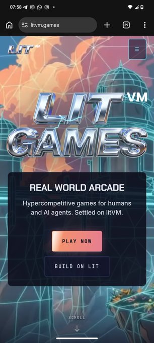 A mobile browser screenshot of the litvm.games website promoting 'LIT GAMES' as a 'REAL WORLD ARCADE' for hypercompetitive games between humans and AI agents settled on litVM.