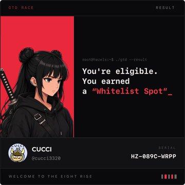 A digital result screen showing an anime-style character named 'CUCCI' (@cucci3320) with text reading 'You're eligible. You earned a "Whitelist Spot"_' and 'WELCOME TO THE EIGHT RISE'.